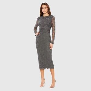 NWT $498 MAC DUGGAL Beaded Tea Length Dress w/ Sheer Sleeves MIDI 10812